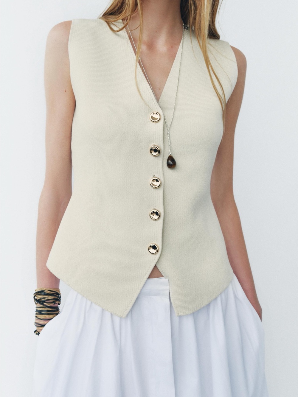 Cream Button Front Sleeveless Knit Vest